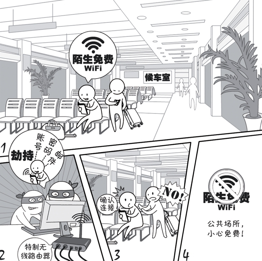 2018国家网络安全宣传周系列动漫①丨还在“蹭”免费WiFi?这些安全风险告诉你真能吓一跳